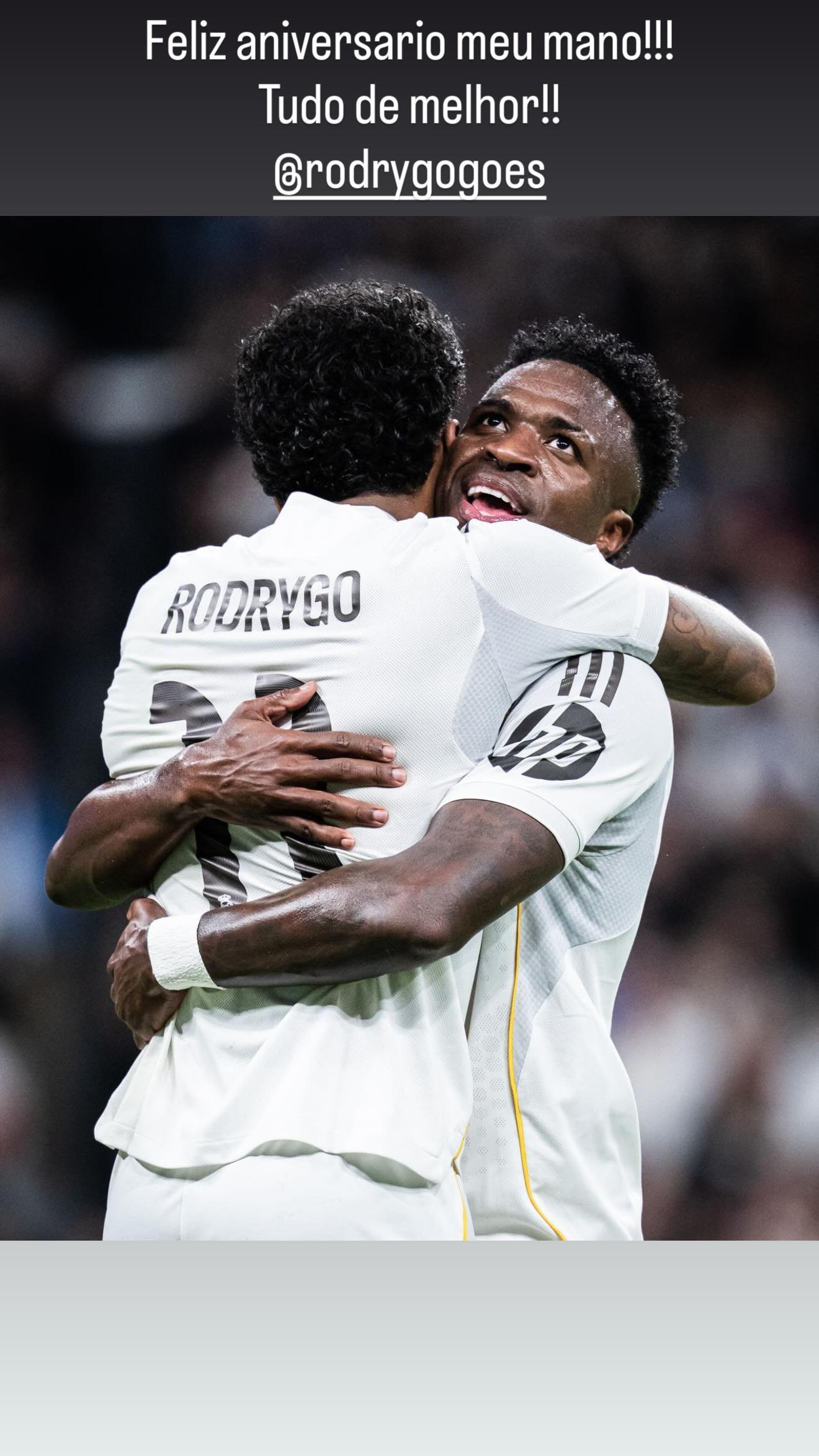 维尼修斯社媒为罗德里戈庆生：生日快乐，我的兄弟！